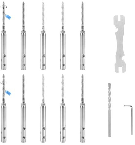 SUPAWAY Tensor de cable de acero inoxidable T316 Kit resistente para instalación de cables 3 mm Tensión de cercas, cuerdas de tendedero y alambres – 5 roscas a derecha y 5 a izquierda (10 unidades)