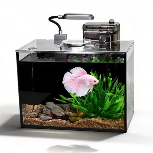 Betta Fish Tank,Aquarium Starter kit,2.8 Gallon Fish Tank Kit,Small Aquarium,Small Fish Tank,Ultra-Clear Nano Aquarium with Light,Filter,Cobblestone,Sand and Artificial Plants