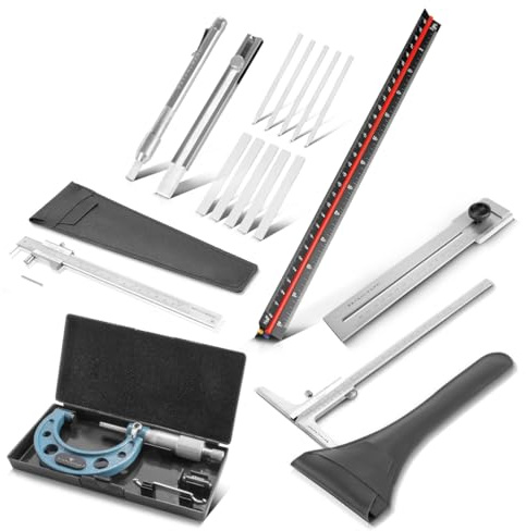 STAHLWERK Präzisions-Mess- und Anreißwerkzeug-Set 6-tlg.– Anreiß-Messschieber 0-200 mm, Tiefenmesser 0-200 mm, Streichmaß 200 mm, Bügelmessschraube 25–50 mm, Dreikant-Lineal 30 cm, Schweißkreide