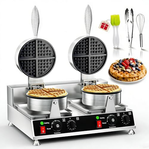 WantJoin Commercial Waffle Maker – Double Stainless Steel Waffle Iron with Non-Stick Teflon & 360° Heating Tubes, 122-482℉, Perfect for Cafes, Hotels, Food Trucks & Dessert Shops 2500W