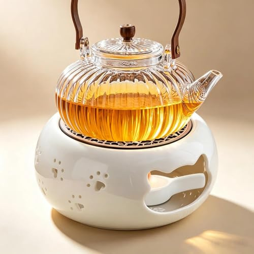 txuzong Keramik Teekannenwärmer mit Kerzenhalter – Stövchen für Teekanne, Hohlschnittdesign Katzenpfote, Teeständer in Weiß, ideal zum Warmhalten von Tee & Kaffee