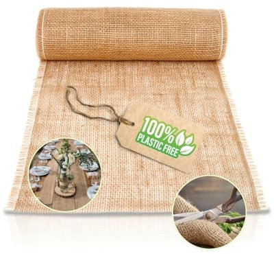 HAPPYNAPS® Jute Tischläufer, Juteband Tischband Natur, Hochzeit Deko Vintage, Tischdeko Braun Beige, Hochzeitsdeko Rustikal | Leinen Juteläufer mit doppelter Seitennaht | 30cm breit & 10m Rolle