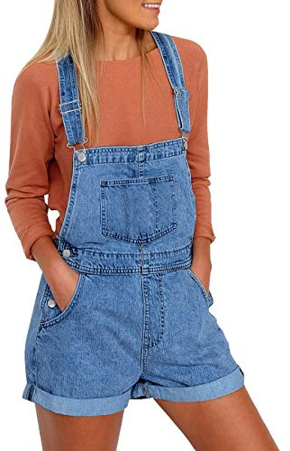 Vetinee Women's Medium Denim Blue Classic Adjustable Straps Cuffed Hem Denim Bib Overall Shorts Medium