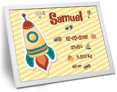 LolaPix Baby Begrüßungs-Plakat Personalisierte mit Gerburtdatum. Name/Datum/Uhrzeit/Gewicht/Größe. Neugeborene Geschenke. Verschiedene Designs. 30x40 cm. Rakete