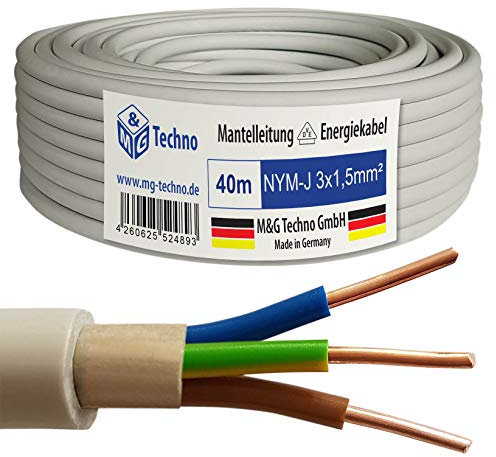 M&G Techno 40m NYM-J 3x1,5 mm² Mantelleitung Feuchtraumkabel Elektrokabel Kupfer Made in Germany, 10919, grau