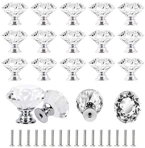 Bateya 16 Stück 30mm Kristall Türgriff diamantenförmige Schubladenknöpfe aus Glas Griffe mit Schrauben für Kleiderschrank Schrank Kommode Möbel (klar silberner Sockel)