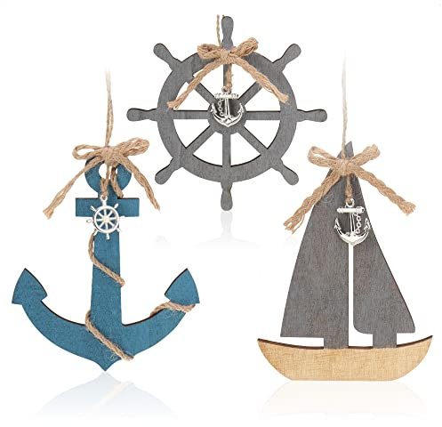 com-four® 3X Hängedeko mit Boot, Steuerrad und Anker aus Holz - Schifffahrt Deko zum Aufhängen - Maritime Hängedeko für zu Hause