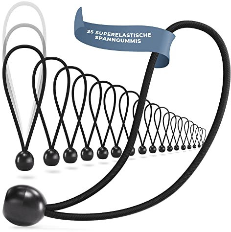 TALVANI 25 | 50 Profi Spanngummis mit Kugel - 200 mm schwarz weiß - Planenspanner Set zur Befestigung von Planen - Gummispanner für Trampolin, Anhängerplane, Zelt - Spanngummi Anhänger (25, Schwarz)