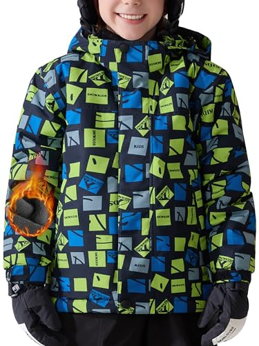 FREE SOLDIER Boys Girls Waterproof Ski Jacket Fleece Lined Warm Winter Snow Coat Kids Winter Jacket with Detachable Hood(Navy Print,6-7/Boy)