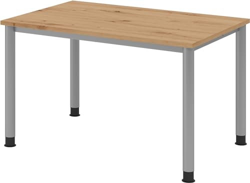 bümö höhenverstellbarer Schreibtisch H-Serie 120x80 cm in Asteiche, Gestell in Silber - PC Tisch klein für's Büro manuell höhenverstellbar, Computertisch verstellbar