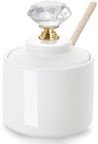 ONTUBE Mini Ceramic Honey Jar with Crystal Lid and Stick, Small Porcelain Honey Pot 8oz (gold)