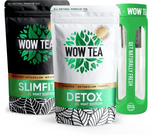 WOW TEA - Bauch Tees Box - Detox-Tee für die Gewichtsabnahme und Bauchfett | Bauch Blähungen Relief Formel mit Pfefferminze, Natural Green Tea, Yerba Mate, Löwenzahn-Wurzel, Eco Bottle 550ml, 300g