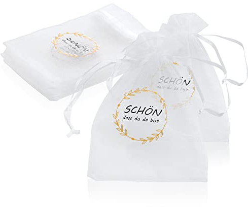 25 Stück Organzabeutel Schön DASS Du Da Bist Hochzeit Organzasäckchen 10 * 15cm Geschenkbeutel Organza für Hochzeit Taufe Kommunion Gastgeschenke