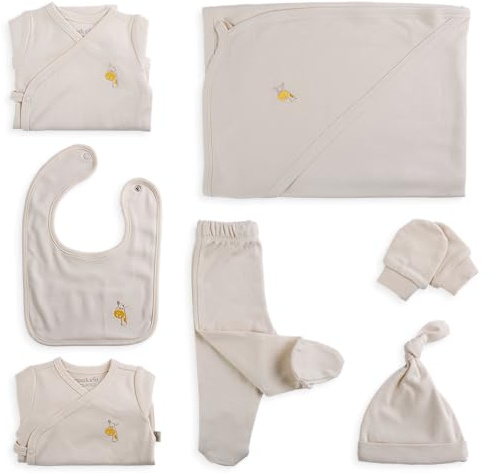 ORGANICKID Baby Set Neugeborene - weiche Bio-Baumwolle allergikerfreundlich 7 Teile mit Kapuzendecke - Baby Erstausstattung Geschenkset zur Geburt, 0-6 Monate, unisex Mädchen & Jungen