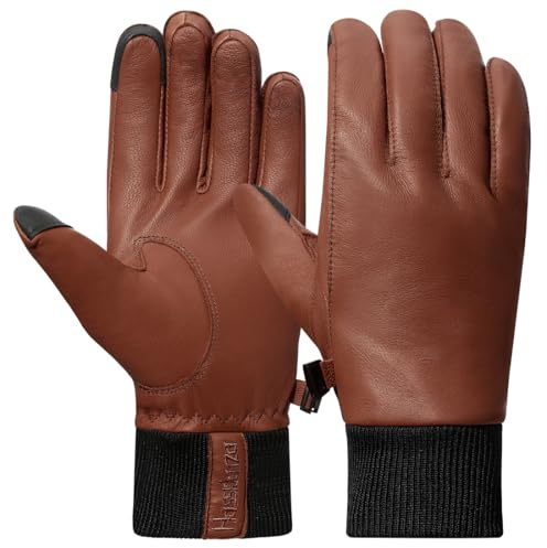 Harssidanzar Herren Lederhandschuhe mit Fleece gefüttert für kaltes Wetter, Winter Warm Goatskin Touchscreen Handschuhe HM002EU,Satte,Größe M