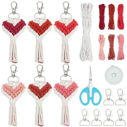 INFUNLY 6 Sets Makramee-Herz-Schlüsselanhänger-Sets Boho-Makramee-Schlüsselanhänger-Set DIY Kleine Makramee-Schlüsselanhänger-Sets Mit Quasten Anleitung Für Taschenanhänger Autoschlüssel Geldbörse