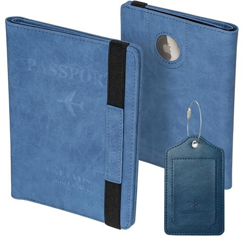 NEYYOS® - Reisepasshülle mit Airtag Fach, Reisepass RFID Blockierend für 1-4 Pässe, Organizer Tasche, Passport Reisebrieftasche Impfkartenhalter, Hülle PU Leder Reisedokumente, geldborse Wallet Cover