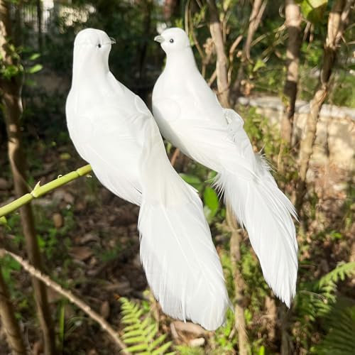 LWINGFLYER White Peace Doves Feathered Love Birds 8'' Clip on Ornaments for Christmas Tree Decorations Wedding Cake Centerpieces Bird Cage Wreath Crafts Floral Arrangement Funeral(2PCS)