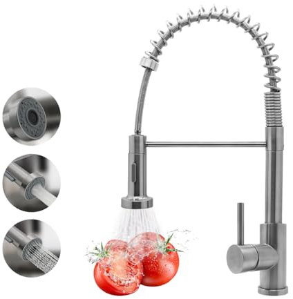 VANCOCO Kitchen Sink Mixer Tap 1 Hole, Spring Single Kitchen Tap with 360° Swivel Pull Out Sprayer 2 Modes, High Arch Bar Faucet for Cold and Hot Water