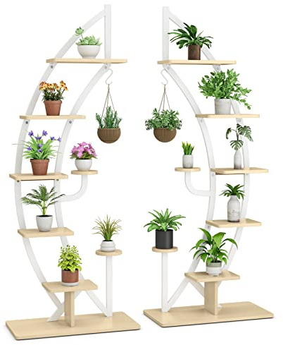 COSTWAY 8-Tier Tall Plant Stand, Curved Half Moon Ladder Display Rack with Top Hook & Anti-Toppling Device, Metal Flower Shelf Pot Holder for Indoor Outdoor Balcony Garden Yard (2 PCS, Natural+White)