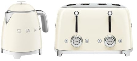 Smeg 50’s Style Retro Range Breakfast Set, 0.8L 1400W Mini Kettle and Multi-Functional Control 4-Slice 2000W Toaster, Cream, KLF05CRUK/ TSF03CRUK