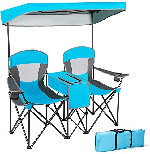 GIANTEX Silla de Camping con Toldo para 2 Partes, Plegable, con Minimesa, Bolsa Nevera y Soporte para Bebidas, Silla Plegable para 2 Personas, Silla de Pesca en Bolsa (Azul)