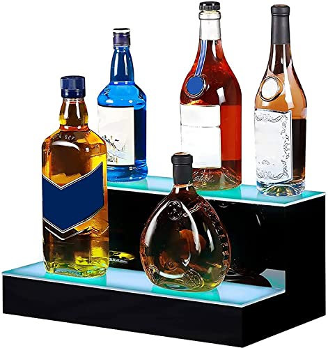 Weinregal Flaschenregal mit LED-Beleuchtung 2 Ebenen LED-Bar-Spirituosenregale beleuchtetes Spirituosenflaschenregal aus Acryl mit Fernbedienung für die Hausbar (Größe: 16 Zoll)