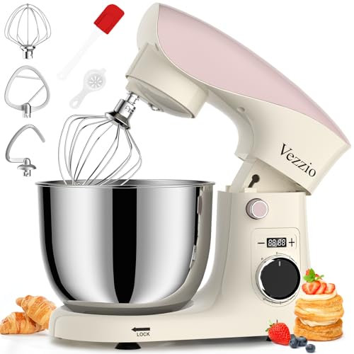 Vezzio Small Stand Mixer,1500W 10-Speed Food Mixers For Baking, 5.5L Dough Mixer,Easy to use and Lightweight,Food Mixer For Baking,Cake And Most Home Cooks (PinkWhite)