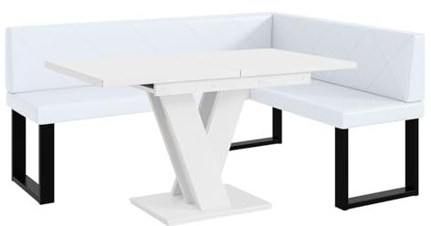 MEBLINI Eckbank für Esszimmer mit ausziehbarem Tisch - Küchenbank - Essecke - Sitzecke Küche - ERIC - U-Beine 128x168x87cm Rechts - Weiß Kunstleder/M Weiß Matt