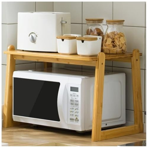 Bamboo Kitchen Countertop Organizer Shelf with Large Spice Racks and Microwave Oven Stand for Rice Cooker Printer Desktop Storage.