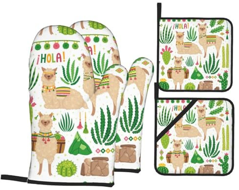 Guanti Da Forno E Presine Da Cucina Set, Cactus Llama Guanti Da Cucina Professionale Kit Guanti Da Forno Morbida Guanti Da Barbecue Per Forno Natale Ringraziamento