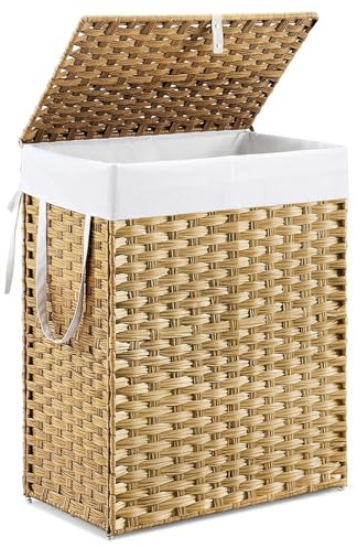 DUMOS Woven Laundry Basket with Lid, 90L Large Capacity Hamper, Removable & Machine-Washable Liner, Foldable Rattan Clothes Hamper, Sturdy Steel Frame, Odor Control, Goose Yellow