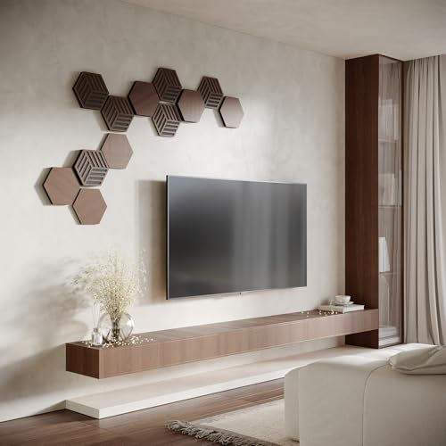 Pack de 12 paneles decorativos acústicos de madera HDF | Mosaico 3D tipo rompecabezas | Para home cinema, paredes de TV y podcasts | Decoración DIY para paredes | [HEXAGON | Nogal]