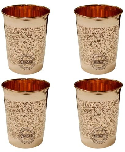 Fashnkart Verres en cuivre pur Eau potable Santé ayurvédique Gobelets en cuivre pur 10,14 oz 300 ml Lot de 4 (En relief)