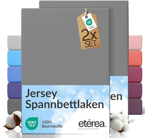 etérea Jersey 2er Set Spannbettlaken 90x200cm - 100x200cm Grau bis 25 cm Höhe - 100% Baumwolle Spannbetttuch Oekotex - Doppelpack Bettlaken 90x200 cm - 100x200 cm - Gray
