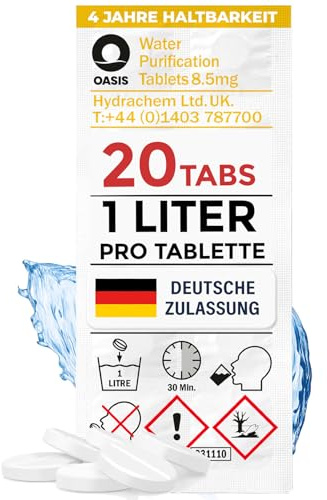 Wicked Chili Travel 1L Wasseraufbereitung Trinkwasser (20 Tabletten) | Wasserentkeimung & Trinkwasseraufbereitung für Wandern & Campen, Notfallrucksack Reiseapotheke, Blackout Notfall Ausrüstung