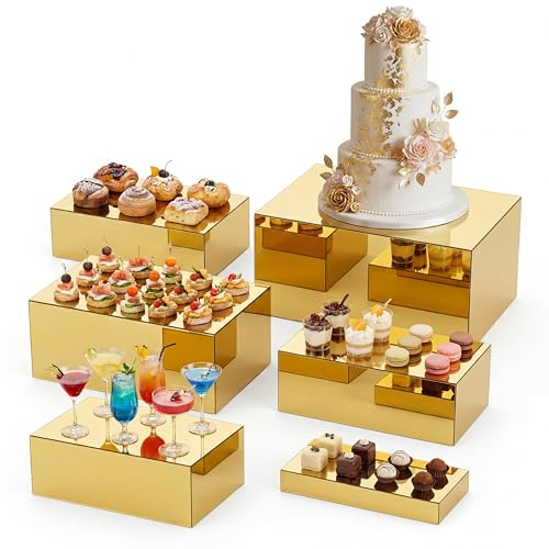 Leinuosen 6 Pcs Acrylic Buffet Risers Stands for Food Display Cubes Box, 7 to 12 Inch Rectangle Catering Table Dessert Decor for Wedding Brunch Setup Party Jewelry Collectibles, Hollow Bottom (Gold)