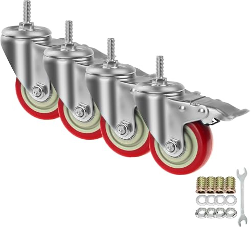 Swivel Stem Casters, Heavy Duty Double-Locking Castors with Red PU Wheels Quiet and No Marking with Metric Thread Rods M10-1.5x25mm Heavy Load Wheels Casters Pack of 4 (3 Inch with Brake)
