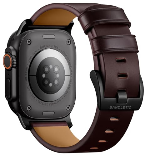 Bandletic äkta läderarmband kompatibelt med Apple Watch Series 11 10 Ultra 3/2/1 SE3/2 9 8 läderarmband för iWatch SE 7 6 5 4, 49 mm, 46 mm, 45 mm, 44 mm, 42 mm (3 2 1) för män och kvinnor