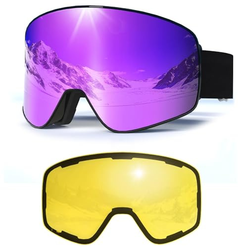 Lunettes de ski,Masque de Ski,YH212 OTG Magnétique Masque Lunettes de Ski pour Hommes Femmes Jeunes,Anti-UV, Anti-Buée Sangle réglable (Monture noir -Verres violets VLT 14 %+Verres jaunes VLT 78 %)
