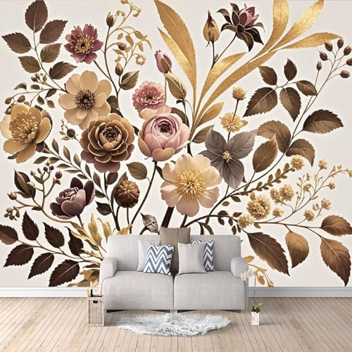 Papier Peint Intissé Fleur de pivoine vintage, 3D Panoramique Murale Fleurs blanches dorées 300x210cm Décoration murale rapide DIY fresque murale créative tête de lit chambre salon facile à appliquer