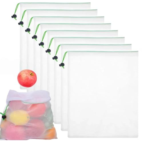 KIQAWEE 8 Pcs Reusable Mesh Produce Bags, 35Cm X 30Cm, Nylon Material | Breathable Transparent Mesh,Fruit And Vegetable Fresh-Keeping Bag, Stores Toys, Clothes And Other Household Supplies