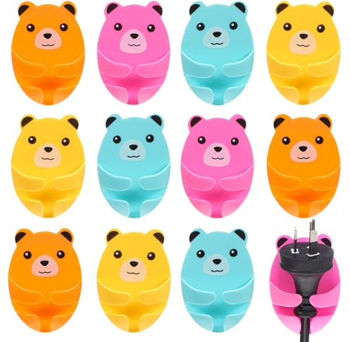 HOMSFOU 12pcs Adhesive Cable Holder with Strong Adhesion No Drilling Required Cute Bear Wire Holder Clips for Kitchen and Home Organisation Random Color