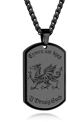 Cheria Welsh Dragon Pendant Necklace for Men, Black 316L Stainless Steel Dog Tags Engraved Necklace,Mens Jewellery Welsh Flag Gift 24inches