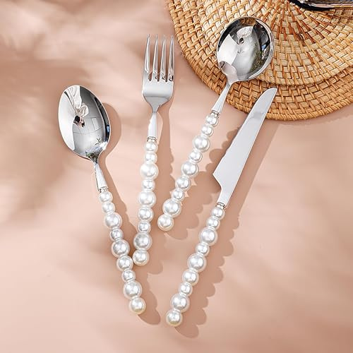 GZKDKZB Silberbesteck-Set – 48-teiliges Besteckset aus 18/10-Edelstahl mit Perlmuttgriff – Spülmaschinenfestes Mehrzweck-Bankettbesteck