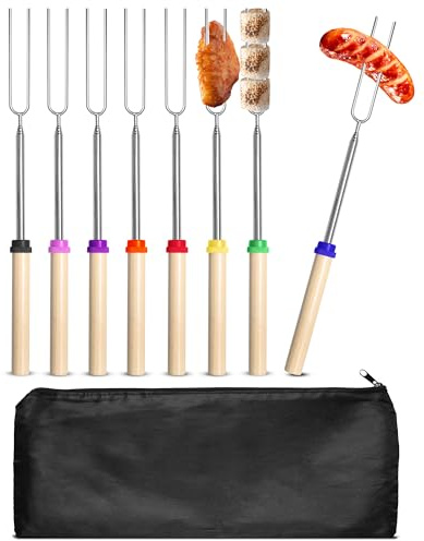 Lot De 8 Brochettes Télescopiques en Acier Inoxydable Fourchettes pour Barbecue Extensible 31 à 81 cm Fourchette Guimauve Hot Dogs Bâtons à Rôtir avec sac de rangement pour camping et barbecue