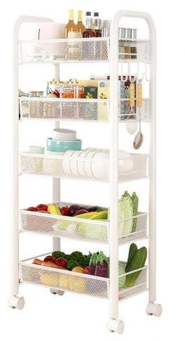 GarveeMore Organizador Cocina Carrito de Almacenamiento con Ruedas de 5 Niveles, Estantes de Malla,para Verdulero Cocina, Baño y Oficina, 44x26x102 cm, Blanco