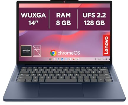 Lenovo Chromebook Gen 11 - Ordenador Portátil 14 WUXGA (MediaTek Kompanio 540, 8 GB RAM, 128 GB UFS 2.2, ChromeOS) QWERTY Español, Azul + 3 Meses Google AI Pro con Gemini Pro y 5TB