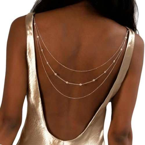 Xjdzineq Cadena de espalda multicapa sin espalda, collar de diamantes de imitación, accesorios de joyería corporal para mujer, cadena de telón de fondo de novia, joyería de espalda de boda, dorado
