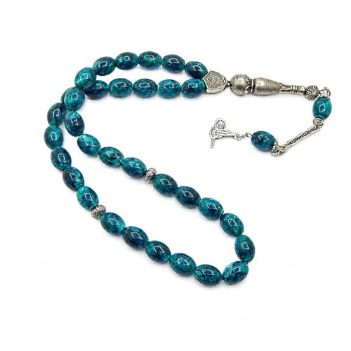 Perlin Radband Tesbih 33 pärlor oval 12 x 8 mm glas Misbaha Tasbih Tespih muslimskt radband islamiska radpärlor Dhikr Zikr Subha 31 cm marmorutseende ädelsten effekt